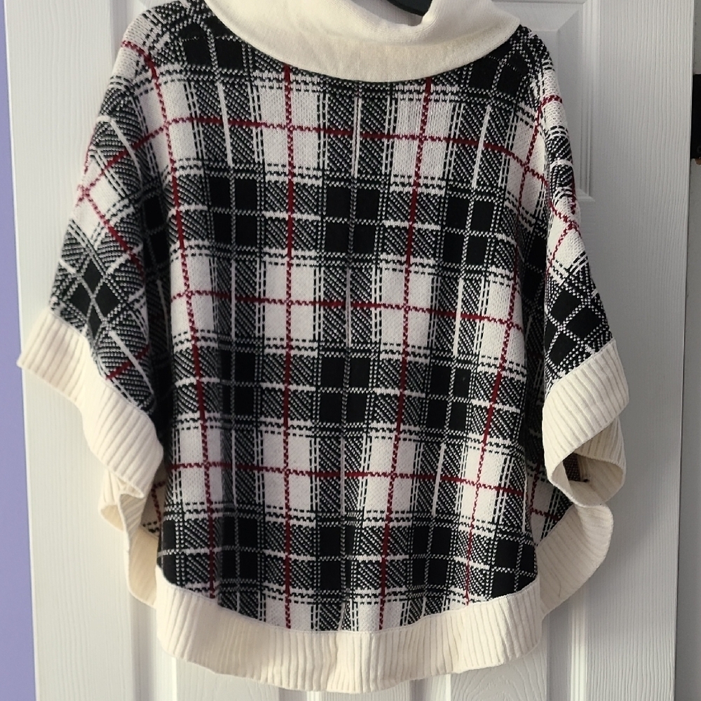 Talbots Black and White Plaid Poncho with Red Accents - Picture 3 of 3